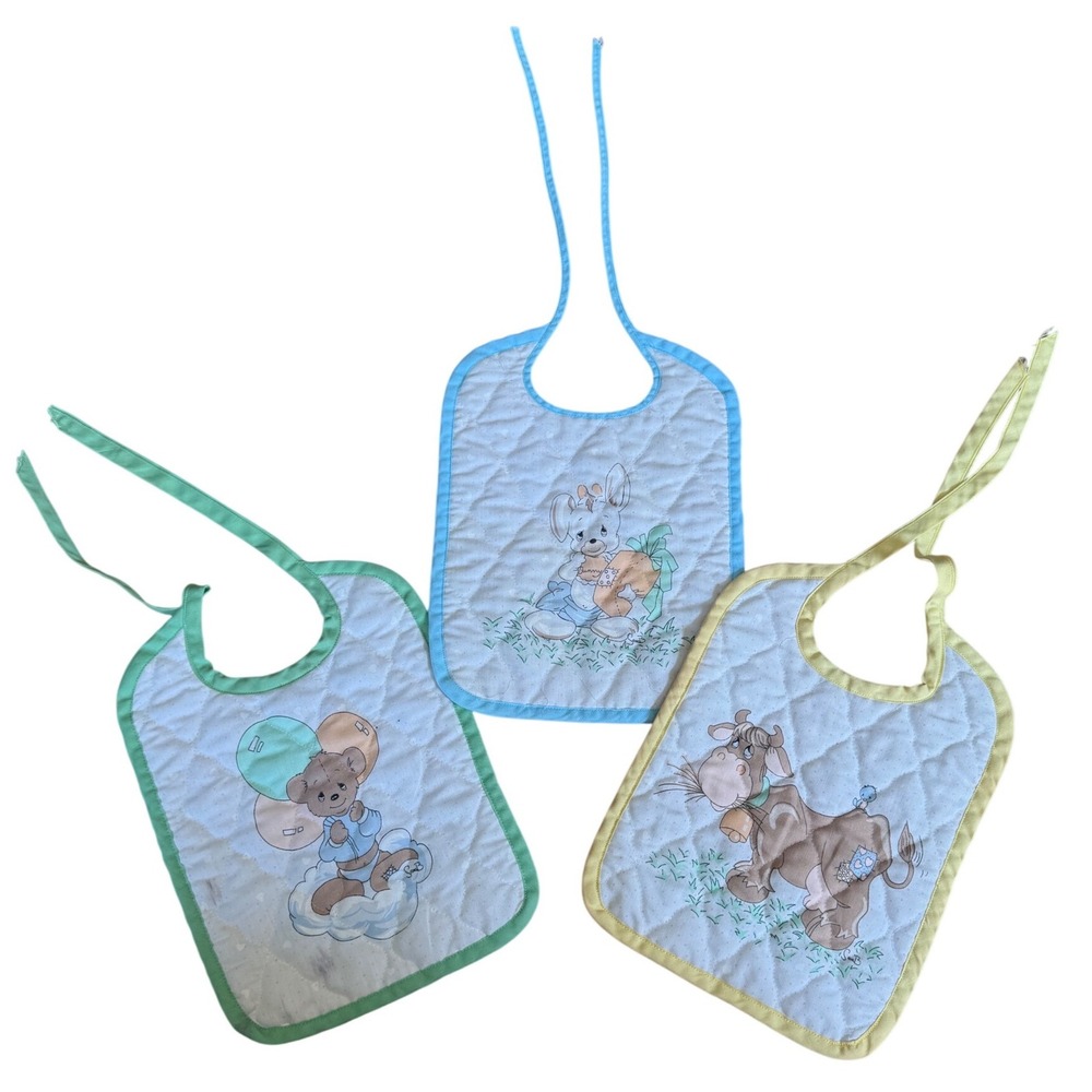 Vintage Precious Moments Quilted Baby Bibs Set of 3 Bunny Bear Cow Pastel Tie